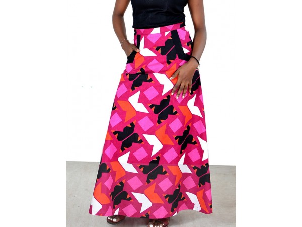 A-line Ankara Skirt Long Pink Mix